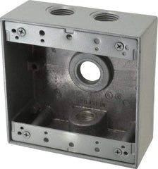 Thomas & Betts - 2 Gang, (4) 1/2" Knockouts, Aluminum Square Outlet Box - 4-9/16" Overall Height x 4-5/8" Overall Width x 2-1/16" Overall Depth, Weather Resistant - USA Tool & Supply