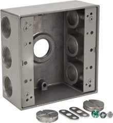 Thomas & Betts - 2 Gang, (7) 3/4" Knockouts, Aluminum Square Outlet Box - 4-9/16" Overall Height x 4-5/8" Overall Width x 2-1/16" Overall Depth, Weather Resistant - USA Tool & Supply