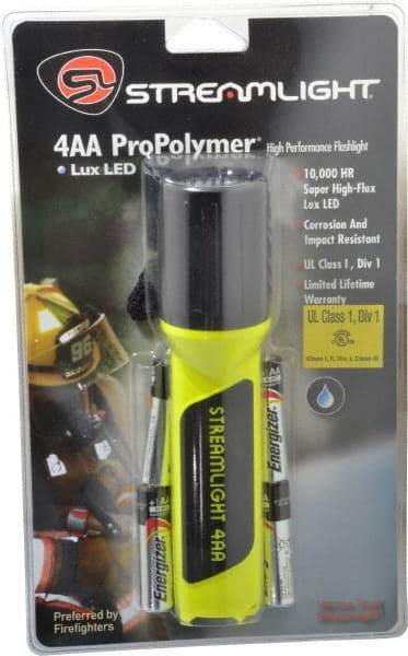 Streamlight - White LED Bulb, 100 Lumens, Industrial/Tactical Flashlight - Yellow Plastic Body, 4 AA Alkaline Batteries Included - USA Tool & Supply
