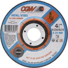 Camel Grinding Wheels - 24 Grit, 6" Wheel Diam, 1/8" Wheel Thickness, Type 27 Depressed Center Wheel - Coarse Grade, Aluminum Oxide, Resinoid Bond, 10,200 Max RPM - USA Tool & Supply