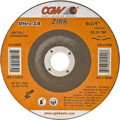 Camel Grinding Wheels - 24 Grit, 4-1/2" Wheel Diam, 1/4" Wheel Thickness, 7/8" Arbor Hole, Type 27 Depressed Center Wheel - Coarse Grade, Zirconia Alumina, Resinoid Bond, 13,300 Max RPM - USA Tool & Supply