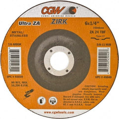 Camel Grinding Wheels - 24 Grit, 4-1/2" Wheel Diam, 1/4" Wheel Thickness, Type 27 Depressed Center Wheel - Coarse Grade, Zirconia Alumina, Resinoid Bond, 13,300 Max RPM - USA Tool & Supply