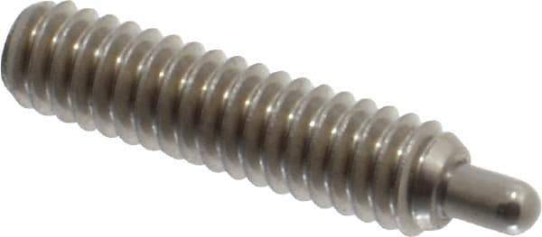 Vlier - 1/4-20, 1" Thread Length, 3/16" Plunger Projection, Stainless Steel Threaded Spring Plunger - 0.117 - 0.118" Max Plunger Diam, 1" Plunger Length, 3 Lb Init End Force, 13 Lb Final End Force, 0.079" Hex - USA Tool & Supply