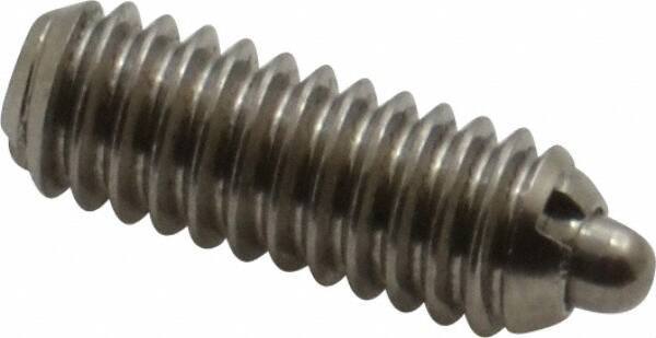 Vlier - 8-32, 7/16" Thread Length, 0.052" Plunger Projection, Stainless Steel Threaded Spring Plunger - 0.07" Max Plunger Diam, 0.437" Plunger Length, 0.5 Lb Init End Force, 1.5 Lb Final End Force - USA Tool & Supply