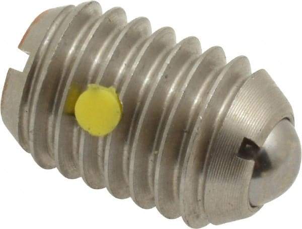 Vlier - 1/2-13, 0.281" Ball Diam, 0.75" Body Length, 0.072" Max Ball Reach, Threaded Ball Plunger - Stainless Steel Body, Stainless Steel Ball, 6 Lb Initial End Force, 30 Lb Final End Force, Locking Element - USA Tool & Supply