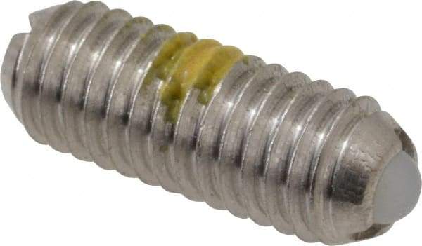 Vlier - 10-32, 0.094" Ball Diam, 0.513" Body Length, 0.025" Max Ball Reach, Threaded Ball Plunger - Stainless Steel Body, Nylon Ball, 0.5 Lb Initial End Force, 1.5 Lb Final End Force, Locking Element - USA Tool & Supply