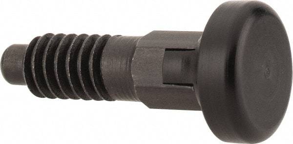 Vlier - M6x1.0, 13mm Thread Length, 0.118" Max Plunger Diam, 0.11 Lb Init to 0.34 Lb Final End Force, Locking Knob Handle Plunger - Delrin Knob, 0.63" Body Length, 1/2" Length Under Head/Shoulder, 0.118" Plunger Projection - USA Tool & Supply