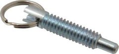 Vlier - 1/4-20, 0.8" Thread Length, 0.155" Plunger Diam, 1/4" Plunger Projection, 1 Lb Init to 2.5 Lb Final End Force, Steel Locking Pull Ring Plunger - 0.8" Len Under Head, 1.14" Body Len, 0.62" Ring Diam, 1.14" Plunger Len, 0.34" Head Height - USA Tool & Supply
