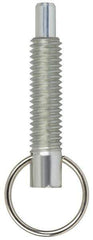 Vlier - M6x1.0, 0.8" Thread Length, 4mm Plunger Diam, 6.4mm Plunger Projection, 4.4 N Init to 11 N Final End Force, Stainless Steel Locking Pull Ring Plunger - 20.3mm Len Under Head, 29mm Body Len, 16mm Ring Diam, 1.1" Plunger Len, 0.3" Head Height - USA Tool & Supply