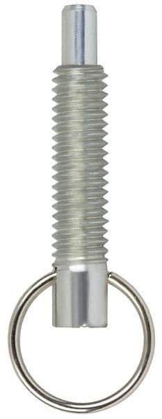 Vlier - M10x1.5, 1.2" Thread Length, 6mm Plunger Diam, 9.5mm Plunger Projection, 9 N Init to 17.8 N Final End Force, Stainless Steel Locking Pull Ring Plunger - 35.5mm Len Under Head, 43mm Body Len, 25mm Ring Diam, 1.7" Plunger Len, 1/2" Head Height - USA Tool & Supply