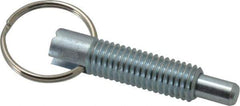 Vlier - 1/2-13, 1.4" Thread Length, 5/16" Plunger Diam, 1/2" Plunger Projection, 2.5 Lb Init to 5 Lb Final End Force, Steel Locking Pull Ring Plunger - 1.4" Len Under Head, 2" Body Len, 1.26" Ring Diam, 2" Plunger Len, 0.6" Head Height - USA Tool & Supply