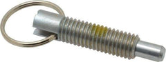 Vlier - 1/2-13, 1.4" Thread Length, 5/16" Plunger Diam, 1/2" Plunger Projection, 2.5 Lb Init to 5 Lb Final End Force, Steel Locking Pull Ring Plunger - 1.4" Len Under Head, 2" Body Len, 1.26" Ring Diam, 2" Plunger Len, 0.6" Head Height, Locking Element - USA Tool & Supply