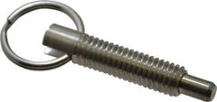 Vlier - 3/8-16, 1.2" Thread Length, 0.233" Plunger Diam, 3/8" Plunger Projection, 2 Lb Init to 4 Lb Final End Force, Stainless Steel Locking Pull Ring Plunger - 1.2" Len Under Head, 1.68" Body Len, 0.98" Ring Diam, 1.68" Plunger Len, 0.48" Head Height - USA Tool & Supply