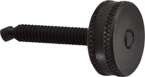 Vlier - 1/4-20 Knurled Shoulderless Swivel Pad Tip Steel Thumb Screw - 1-7/8" OAL, 1" Head Diam x 3/8" Head Height, Black Oxide Finish - USA Tool & Supply