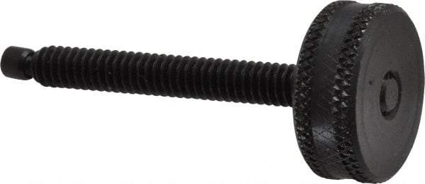 Vlier - 1/4-20 Knurled Shoulderless Swivel Pad Tip Steel Thumb Screw - 2-3/8" OAL, 1" Head Diam x 3/8" Head Height, Black Oxide Finish - USA Tool & Supply