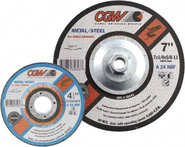 Camel Grinding Wheels - 24 Grit, 5" Wheel Diam, 1/4" Wheel Thickness, Type 27 Depressed Center Wheel - Coarse Grade, Aluminum Oxide, Resinoid Bond, 12,250 Max RPM - USA Tool & Supply