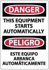 NMC - "Danger - This Equipment Starts Automatically", 14" Long x 10" Wide, Pressure-Sensitive Vinyl Safety Sign - Rectangle, 0.004" Thick, Use for Accident Prevention - USA Tool & Supply