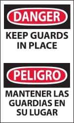 NMC - Accident Prevention Label, Header: DANGER - Legend: Danger - Keep Guards in Place, English & Spanish, Black, Red & White, 3" Long x 5" High, Sign Muscle Finish - USA Tool & Supply