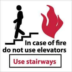 NMC - In Case of Fire - Do Not Use Elevators - Use Stairways, Pressure Sensitive Vinyl Fire Sign - 7" Wide x 7" High, Glow-in-the-Dark - USA Tool & Supply