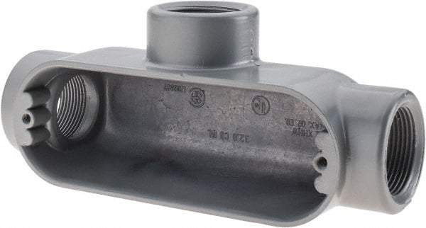 Thomas & Betts - T Body, 1-1/4" Trade, IMC, Rigid Aluminum Conduit Body - Oval, 7-7/8" OAL, 32 cc Capacity, Gray - USA Tool & Supply