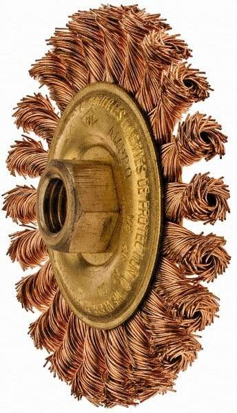 Ampco - 4" OD, 5/8-11 Arbor Hole, Knotted Phosphorus Bronze Alloy Wheel Brush - 3/8" Face Width, 9/16" Trim Length, 20,000 RPM - USA Tool & Supply