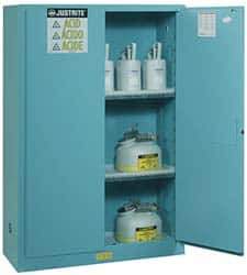 Justrite - 2 Door, 2 Shelf, Blue Steel Standard Safety Cabinet for Corrosive Chemicals - 65" High x 43" Wide x 18" Deep, Manual Closing Door, 3 Point Key Lock, 45 Gal Capacity - USA Tool & Supply