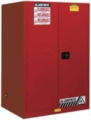 Justrite - 2 Door, 2 Shelf, Red Steel Standard Safety Cabinet for Flammable and Combustible Liquids - 65" High x 43" Wide x 34" Deep, Manual Closing Door, 3 Point Key Lock, 90 Gal Capacity - USA Tool & Supply