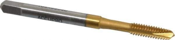 Accupro - #8-32 UNC, 3 Flute, TiN Finish, Powdered Metal Spiral Point Tap - Plug Chamfer, Right Hand Thread, 2-1/8" OAL, 2B Class of Fit - Exact Industrial Supply