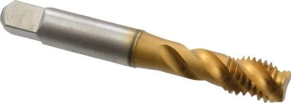Accupro - M10x1.50 Metric Coarse 3 Flute 6H Modified Bottoming Spiral Flute Tap - Powdered Metal, TiN Finish, 2-15/16" OAL, Right Hand Flute, Right Hand Thread, D6 - Exact Industrial Supply