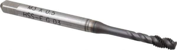 Accupro - M3x0.50 Metric Coarse 3 Flute 6H Modified Bottoming Spiral Flute Tap - Powdered Metal, TiCN Finish, 1-15/16" OAL, Right Hand Flute, Right Hand Thread, D3 - USA Tool & Supply