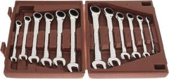 Paramount - 12 Piece, 8mm to 19mm, Ratcheting Combination Wrench Set - Metric Measurement Standard, Full Polish Chrome Finish, Comes in Blow Molded Case - USA Tool & Supply