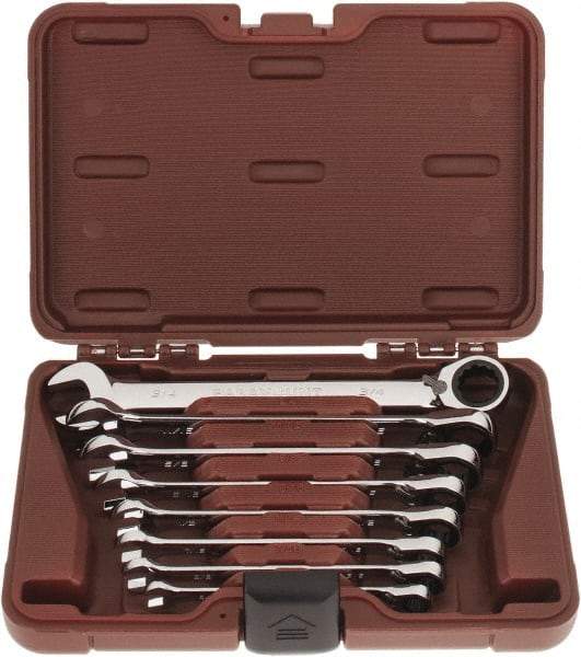 Paramount - 8 Piece, 5/16 to 3/4", Reversible Ratcheting Combination Wrench Set - Inch System of Measurement, Full Polish Chrome Finish, Comes in Blow Molded Case - USA Tool & Supply