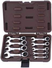 Paramount - 9 Piece, 1/4" to 3/4", Stubby Ratcheting Reversible Combination Wrench Set - Inch Measurement Standard, Full Polish Chrome Finish, Comes in Blow Molded Case - USA Tool & Supply