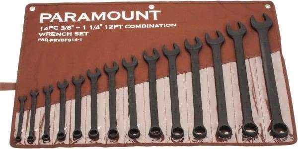 Paramount - 14 Piece, 3/8" to 1-1/4", Combination Wrench Set - Inch Measurement Standard, Black Oxide Finish, Comes in Canvas Roll - USA Tool & Supply