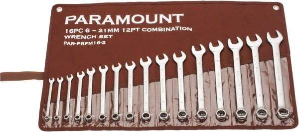 Paramount - 16 Piece, 6mm to 21mm, Combination Wrench Set - Metric Measurement Standard, Satin Chrome Finish, Comes in Canvas Roll - USA Tool & Supply