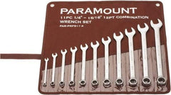 Paramount - 11 Piece, 1/4" to 15/16", Combination Wrench Set - Inch Measurement Standard, Satin Chrome Finish, Comes in Canvas Roll - USA Tool & Supply