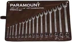 Paramount - 16 Piece, 1/4 to 1-1/4", Combination Wrench Set - Inch System of Measurement, Satin Chrome Finish, Comes in Canvas Roll - USA Tool & Supply