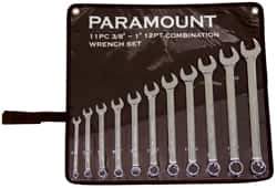 Paramount - 11 Piece, 3/8" to 1" (mm), Combination Wrench Set - Inch/Metric Measurement Standard, Full Polish Chrome Finish, Comes in Canvas Roll - USA Tool & Supply