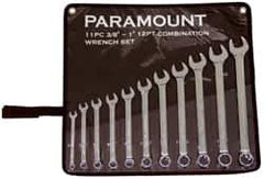 Paramount - 11 Piece, 3/8" to 1" (mm), Combination Wrench Set - Inch/Metric Measurement Standard, Full Polish Chrome Finish, Comes in Canvas Roll - USA Tool & Supply
