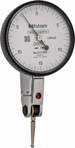 Mitutoyo - 0.03 Inch Range, 0.0005 Inch Dial Graduation, Horizontal Dial Test Indicator - 1.5748 Inch White Dial, 0-15-0 Dial Reading, Accurate to 0.0005 Inch - USA Tool & Supply