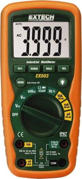 Extech - EX503, CAT IV, 1,000 VAC/VDC, Digital Auto Ranging Average Responding Manual Ranging Multimeter - 40 mOhm, Measures Voltage, Capacitance, Current, Frequency, Resistance - USA Tool & Supply