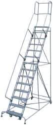 Cotterman - 182" 14 Step Rolling Warehouse Ladder - Knocked Down, 450 Lb Capacity, 140" Platform Height, 44" Base Width x 198" Base Depth, Perforated Tread - USA Tool & Supply