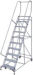 Cotterman - 130" 10 Step Rolling Warehouse Ladder - Assembled, 450 Lb Capacity, 100" Platform Height, 32" Base Width x 74" Base Depth, Perforated Tread - USA Tool & Supply