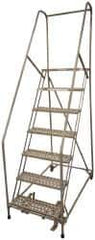 Cotterman - 100" 7 Step Rolling Warehouse Ladder - Assembled, 450 Lb Capacity, 70" Platform Height, 30" Base Width x 53" Base Depth, Perforated Tread - USA Tool & Supply