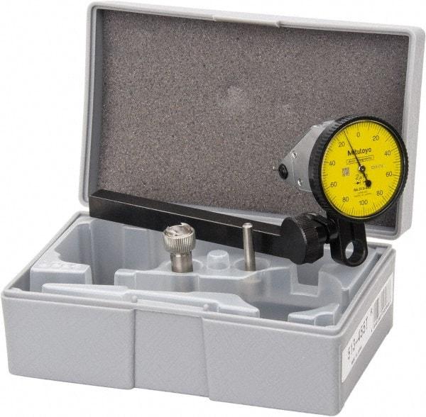 Mitutoyo - 0.2 mm Range, 0.002 mm Dial Graduation, Vertical Dial Test Indicator - 1.5748 Inch Yellow Dial, 0-100-0 Dial Reading, Accurate to 0.003 Inch - USA Tool & Supply