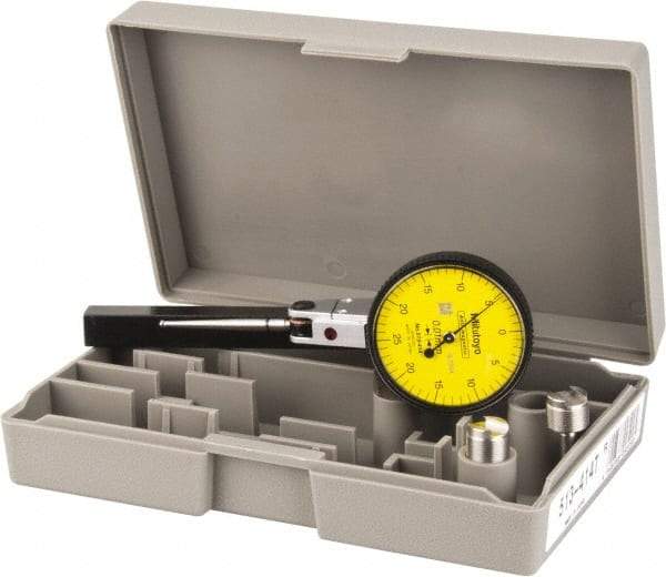 Mitutoyo - 1/2 mm Range, 0.01 mm Dial Graduation, Horizontal Dial Test Indicator - 1.5748 Inch Yellow Dial, 0-25-0 Dial Reading, Accurate to 0.01 Inch - USA Tool & Supply