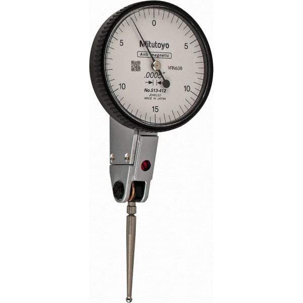Mitutoyo - 0.03 Inch Range, 0.0005 Inch Dial Graduation, Horizontal Dial Test Indicator - 1.5748 Inch White Dial, 0-15-0 Dial Reading, Accurate to 0.0005 Inch - USA Tool & Supply