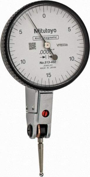 Mitutoyo - 0.03 Inch Range, 0.0005 Inch Dial Graduation, Horizontal Dial Test Indicator - 1.5748 Inch White Dial, 0-15-0 Dial Reading, Accurate to 0.0005 Inch - USA Tool & Supply