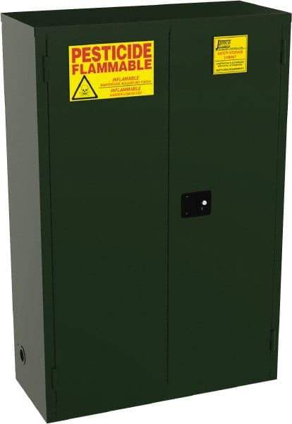 Jamco - 2 Door, 2 Shelf, Green Steel Double Wall Safety Cabinet for Flammable and Combustible Liquids - 65" High x 18" Wide x 43" Deep, Manual Closing Door, 3 Point Key Lock, 45 Gal Capacity - USA Tool & Supply