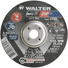 WALTER Surface Technologies - 60 Grit, 3" Wheel Diam, 1/32" Wheel Thickness, 3/8" Arbor Hole, Type 27 Depressed Center Wheel - Aluminum Oxide, Resinoid Bond, 25,470 Max RPM, Compatible with Die Grinders & Straight Shaft Grinder - USA Tool & Supply